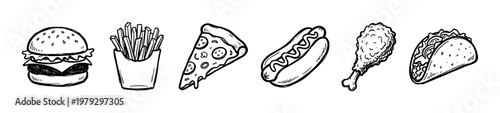 Various hand drawn fast food items in a doodle style, including a hamburger, fries, pizza, hot dog, fried chicken, and taco, perfect for menu designs.