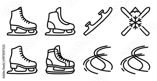 Ice skates, skis, and tracks are depicted as a diverse collection of minimalist outline icons representing various winter sports activities.