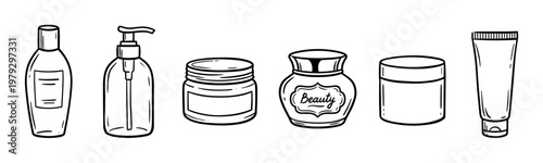 Beauty product containers collection line art illustration set showcasing various cosmetic bottles, jars, and tubes for skincare and personal care packaging designs.