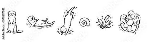 Otters are depicted in various playful and natural poses, including standing, floating, diving, and interacting, alongside water splashes and a snail shell in a charming line art style.