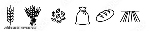 Wheat grain bread agriculture food icons representing the journey from field to table, illustrating essential elements of food production and consumption.