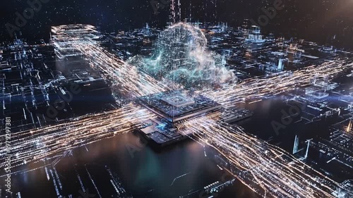 Futuristic city skyline with network connections and glowing features  