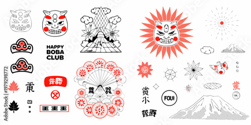 Collection of playful hand drawn stickers featuring masks mountains and text