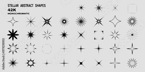 Collection of black starbursts sparkles and geometric shapes on gray