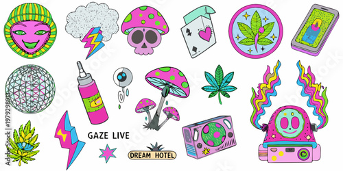 Colorful sticker collection featuring psychedelic imagery and playful designs