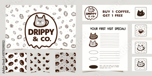 Drippy co coffee branding mockups with cat illustrations and beans
