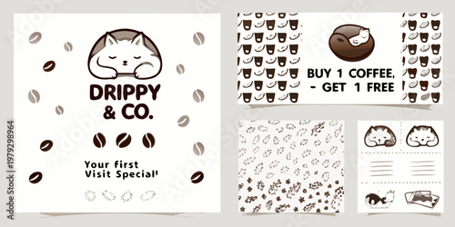 Drippy co branding mockups featuring a cute corgi in a coffee cup