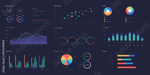 Data analysis dashboard showing various charts and key performance indicators