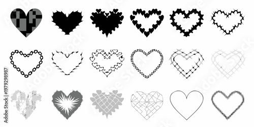 Collection of diverse heart shapes and patterns in black and white