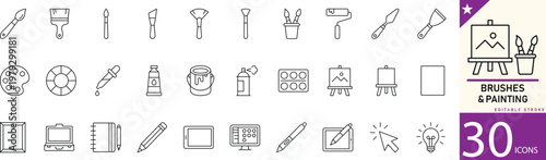Minimal Brushes and Painting line icons for art, creativity, drawing, paint tools, and design. Editable vector icons for artists, creative projects, and design platforms