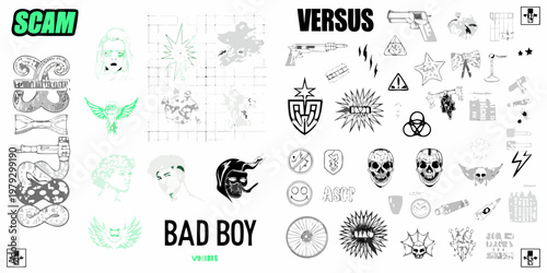 Collage of edgy graphics including skulls weapons and portrait elements