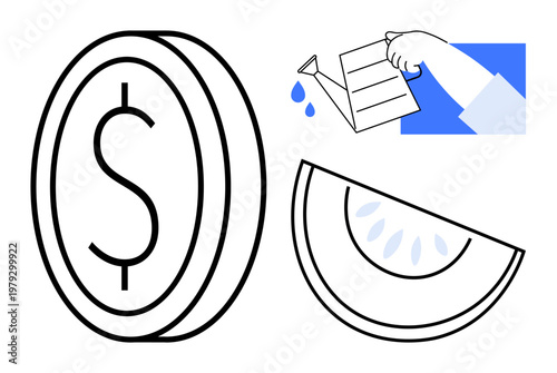 Financial growth, investment strategies, savings, wealth building, sustainability, business opportunities. Coin, watering can watermelon slice. Financial growth and investment strategies concept