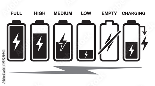 Battery level indicators set vector illustration showing full high medium low empty charging status.