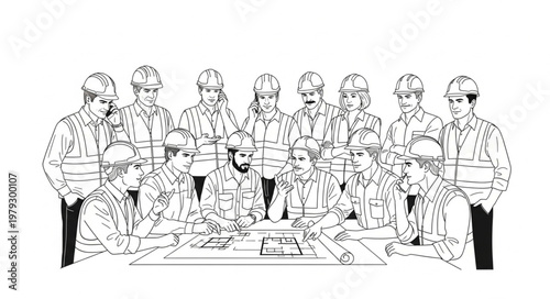 Group of firefighters gathered around a table discussing a plan.