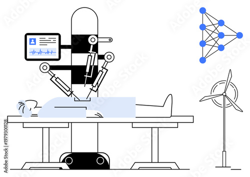 Healthcare innovation, artificial intelligence, medical technology, robotics, digital transformation, renewable energy. Robotic system operating on a human. Healthcare innovation and AI-driven