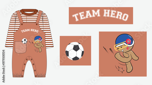 Baby boy sports overall and striped shirt flat sketch mockup. Cute teddy bear kicking soccer ball placement print with Team Hero typography. Kids apparel tech pack vector template.