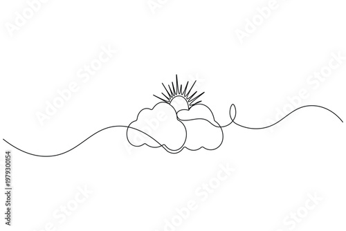 Sun cloud continuous one line drawing minimalist landscape icon design
