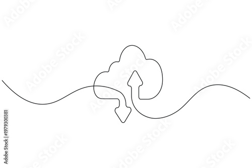 Cloud upload continuous one line drawing minimalist icon for data storage
