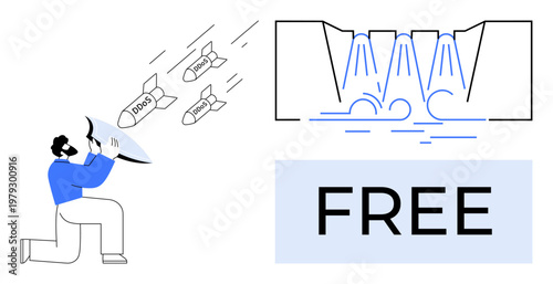 Cybersecurity, online protection, data security, DDoS attacks, network safety, free services. Person with shield deflecting DDoS symbols and dam graphic with free sign. Cybersecurity and online
