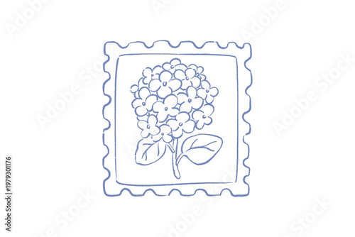 Hand drawn illustration of a hydrangea flower in a vintage postage stamp frame design