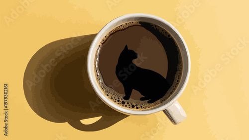 A white coffee mug with a silhouette of a cat in the coffee