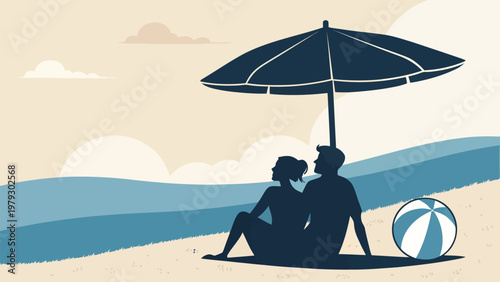 A romantic couple sitting under an umbrella on a serene beach