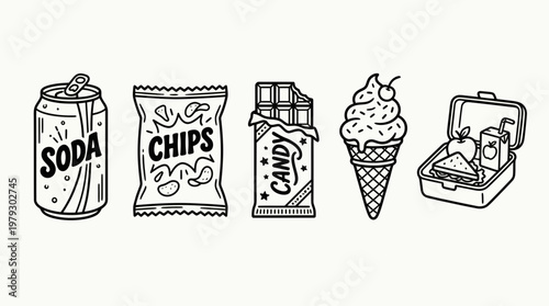 Delightful line art collection of everyday snacks and treats, from refreshing soda to sweet ice cream and a packed lunch