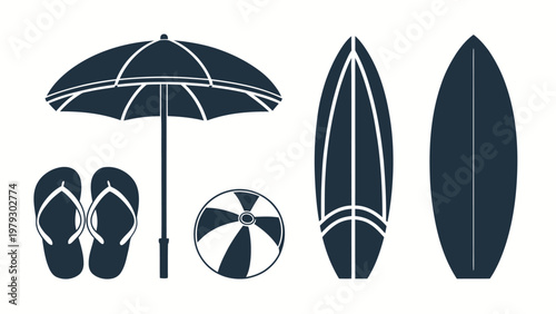 A collection of beach icons including umbrella, surfboard, and flip flops