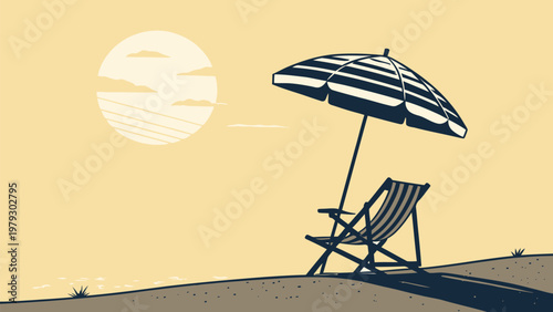 A serene beach scene with a striped umbrella and chair at sunset