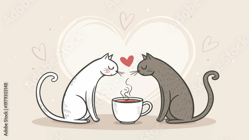Two cute cats sharing a romantic moment with a cup of coffee