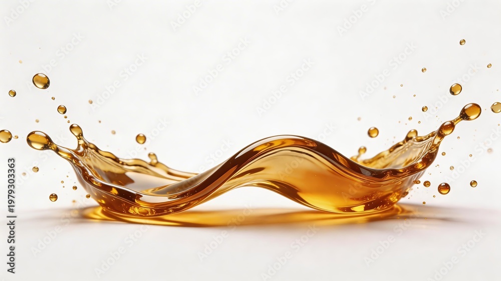 Fototapeta premium Dynamic golden liquid splash with flowing curves, droplets, and reflective texture. Represents fluid motion, food/drink, or artistic fluid dynamics. Clean white background.