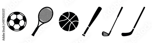 Sports equipment icons collection showcasing popular athletic gear, including a soccer ball, tennis racket, basketball, baseball bat, golf club, and hockey stick.