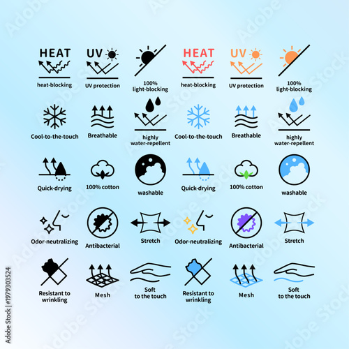 夏服表示英語入稿背景あり衣類の機能性アイコンセット。UVカット、接触冷感、吸汗速乾などのピクトグラム。 Functional clothing icon set. Pictograms for UV protection, cool-to-the-touch, quick-drying, and more.
