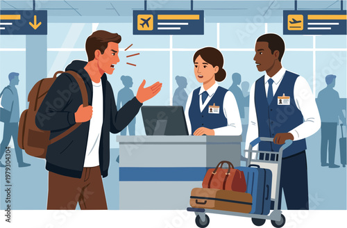 Man arguing with travel agents at airport check-in counter with luggage