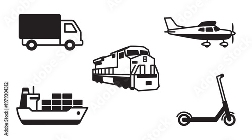 Transportation vehicles vector illustration, modes of transport for cargo and personal travel.