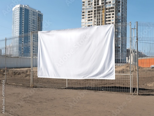 White empty banner on construction fence at building site. Blank textile advertising canvas for mockup design, construction company branding 