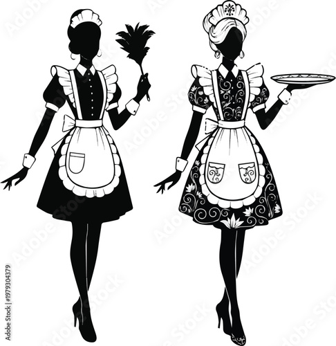 I Need A Kinds of Different vector Art with a white background Two Female Maid Silhouettes