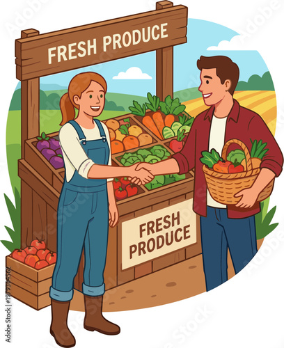 A man shakes hands with a woman at a fresh produce stand in a field.