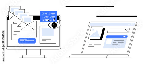 Cybersecurity, online communication, data privacy, internet search, web platforms, digital technology. Monitors with emails, binary code search interface. Cybersecurity and online communication
