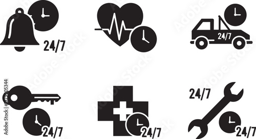 Black and white of 24/7 services: doctor, pharmacy, car repair, airplane, hospital, and emergency