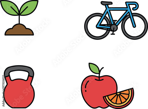 Healthy lifestyle icon set with bicycle kettlebell sprout and fruit for wellness