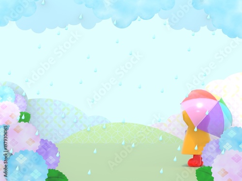 傘をさす子供と雨模様の紫陽花の3DCG風景