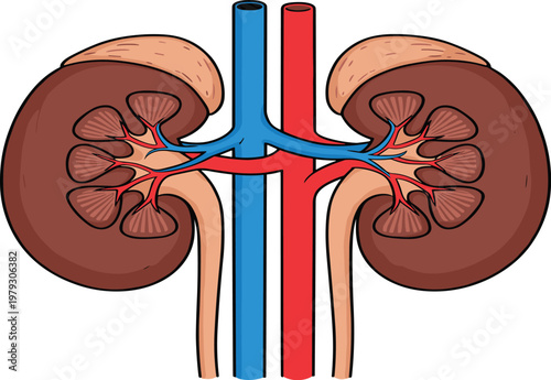 Human kidney anatomy diagram with cross-section and renal blood vessels