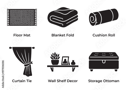 Home interior decor vector icons featuring floor mat blanket cushion curtain shelf and storage box.