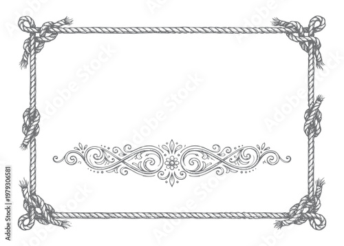 Rope frame with nautical knots and elegant floral scroll vector illustration border decor.