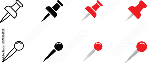 Eight different styles of push pins in black and red thumbtack tack stationery