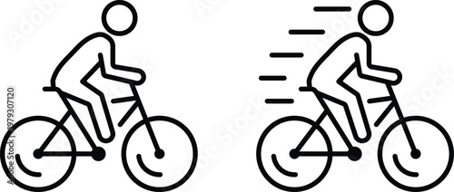 Two simple black line of people riding bicycles one stationary one in motion bicycle rider cycling person on bike