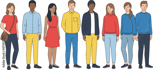 Large set of diverse people standing together in colorful casual outfits
