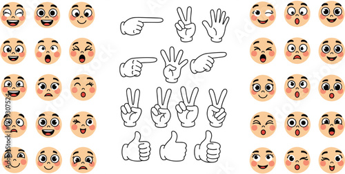 Vector Emoji Set with Happy, Sad, Winking Faces, Thumbs Up, and Hand Gestures for Communication, Social Media, and Digital Designs
