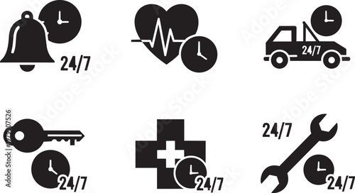 Black and white of 24/7 services: doctor, pharmacy, car repair, airplane, hospital, and emergency